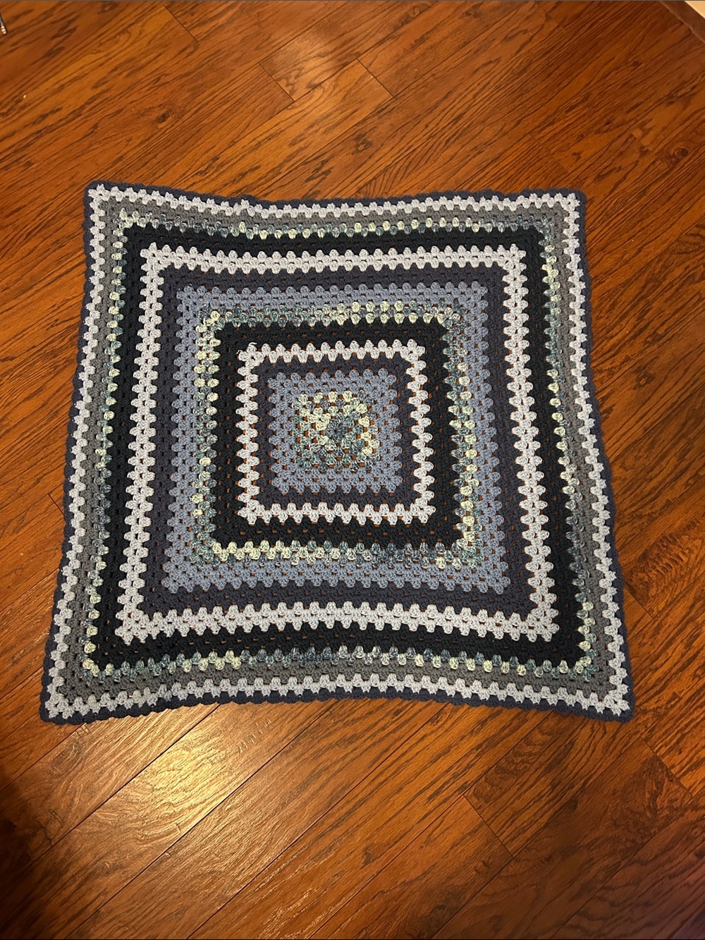 Handmade Crochet Granny Square Blanket - Blue, Gray, White 39by39